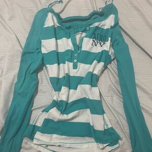 Aeropostale Teal and White Striped Henley Top